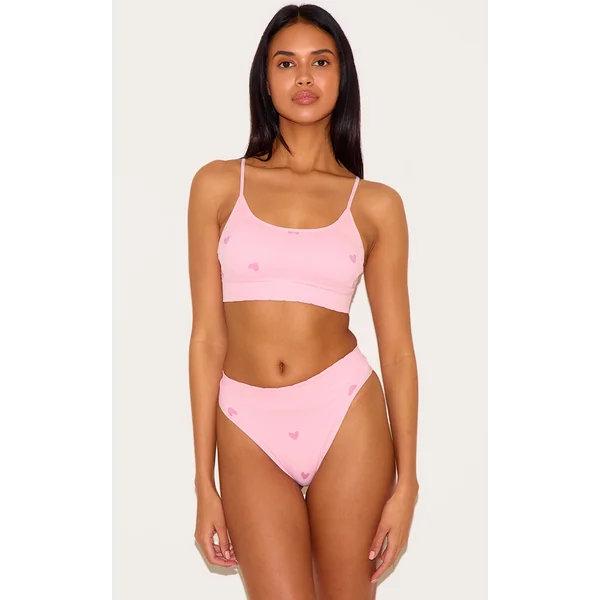 Pink Heart Print Ribbed Scoop Neck Bralette