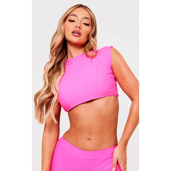Pink High Neck Short Sleeve Swim Top