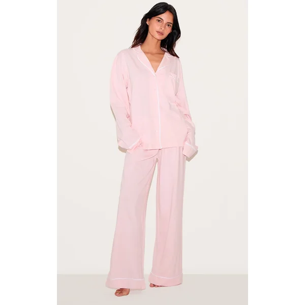 Pink Jersey Piping Detail Long PJ Set