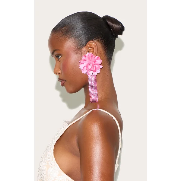 Pink Large Floral Chain Tassel Statement Earrings