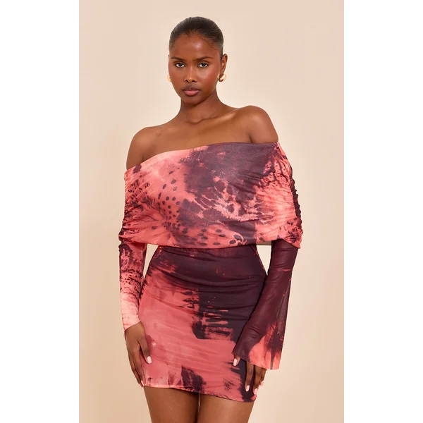 Pink Leopard Print Lined Mesh Long Sleeve Mini Dress