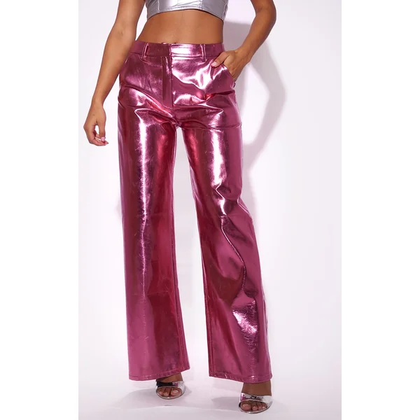 Pink Metallic Faux Leather Straight Leg Tailored Pants