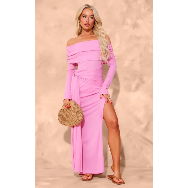 Pink Onion Skin Bardot Tie Waist Maxi Dress