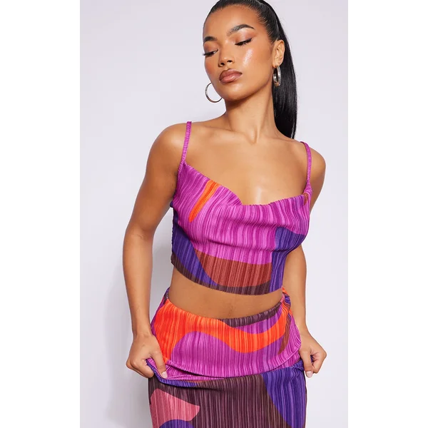 Pink Print Plisse Strappy Cowl Neck Top