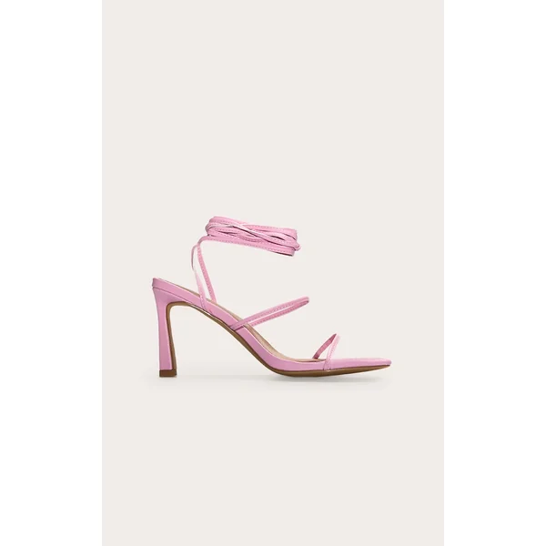 Pink Pu Square Toe Strappy Lace Up Mid Stiletto Heeled Sandals