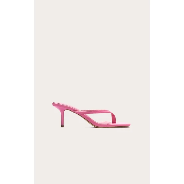 Pink Pu Square Toe Thong Mid Stiletto Heeled Mules