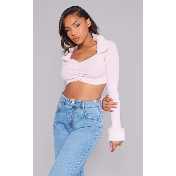 Pink Rib Knit Faux Fur Trim Ruched Front Crop Top