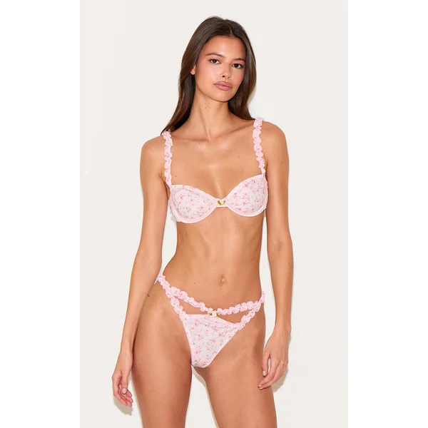 Pink Ribbed Floral Frill Underwired Lingerie Set