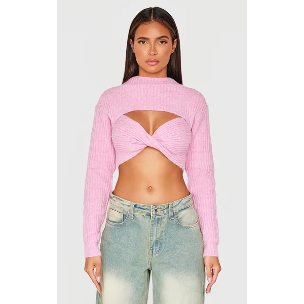 Pink Ribbed Twist Front Cut Out Sweater