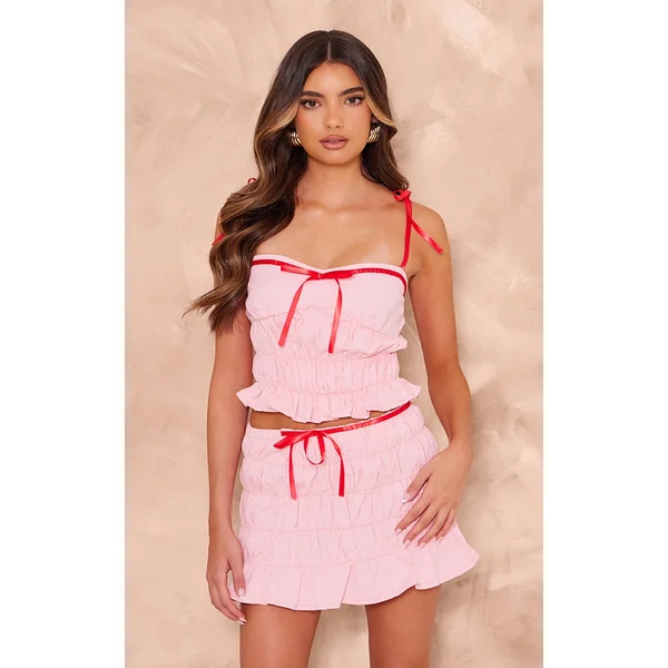 Pink Ribbon Strap Ruched Denim Crop Top