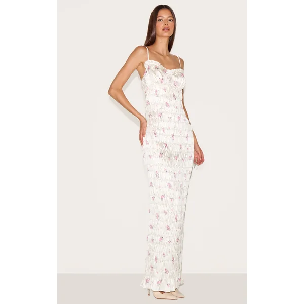 Pink Satin Ditsy Floral Ruched Underwired Maxi Dress