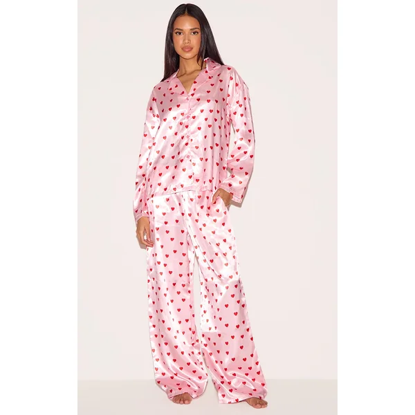 Pink Satin Heart Print Long Pj Set