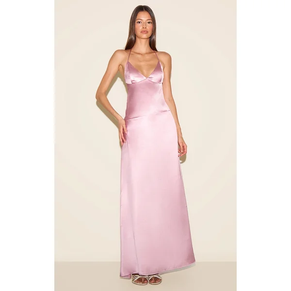 Pink Satin Low Back Maxi Slip Dress
