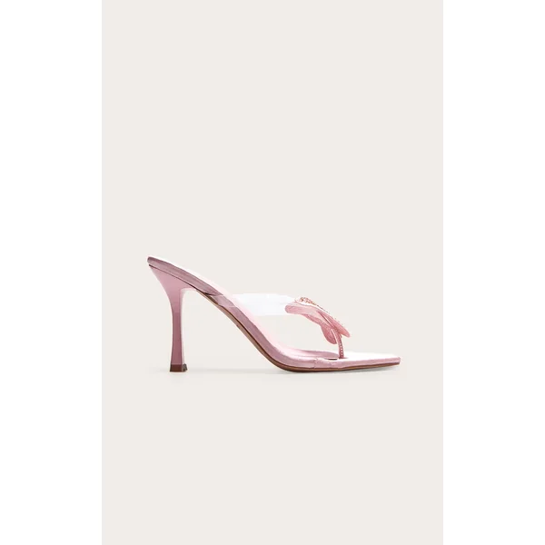 Pink Satin Round Toe Thong Diamante Butterfly Heeled Mules