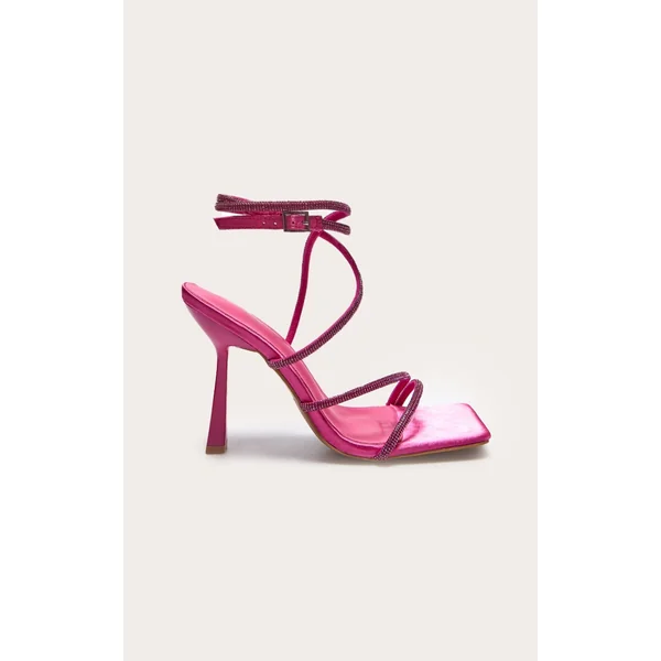 Pink Satin Square Toe Diamante Strappy High Heeled Sandals
