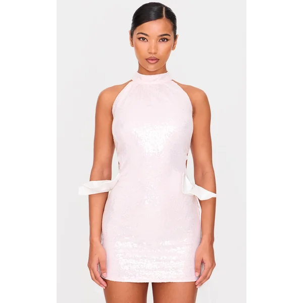 Pink Sequin Cut Out Bow Detail Mini Dress