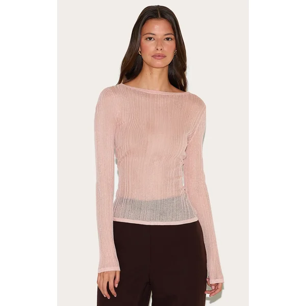 Pink Sheer Knit Long Sleeve Boat Neck Top