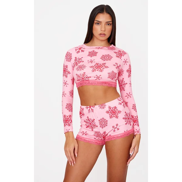 Pink Snowflake Print Long Sleeve Short Pj Set