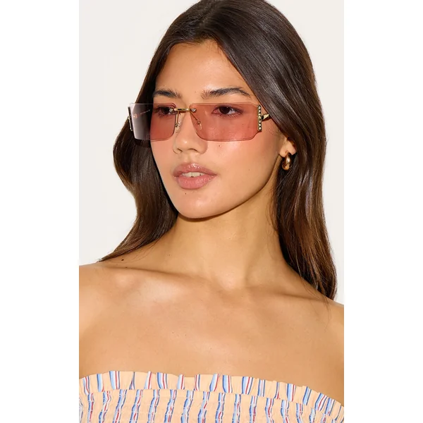 Pink Square Diamante Side Wrap Round Sunglasses