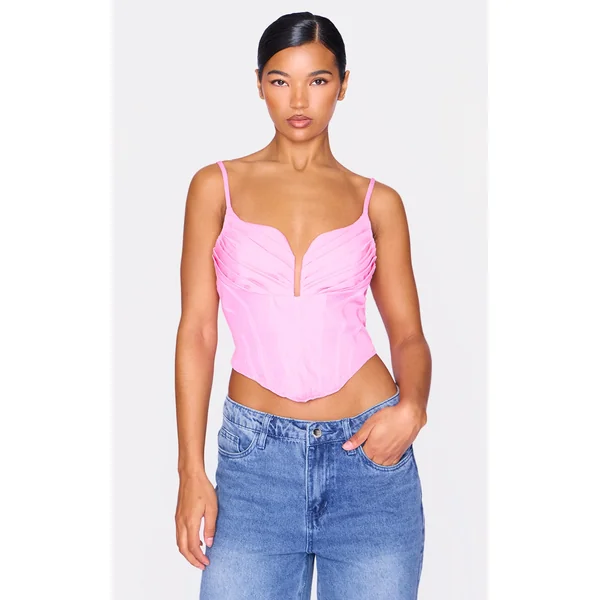 Pink Strappy Pleated Bust Corset Detail Crop Top