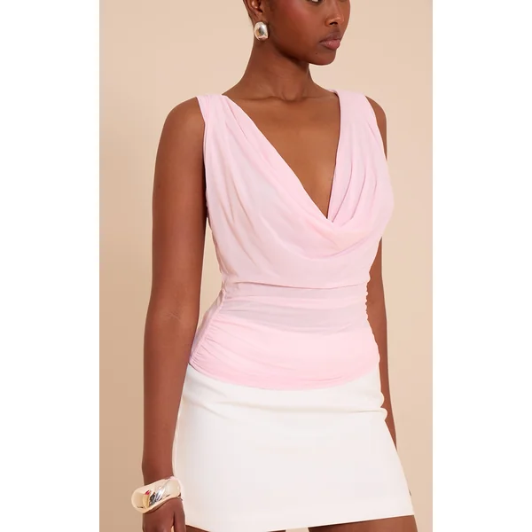 Pink Stretch Chiffon Cowl Neck Long Top