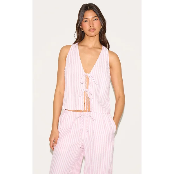 Pink Striped Sleeveless Tie Front Top
