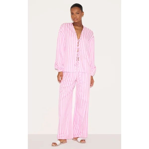 Pink Striped Textured Tie Drawstring Wide Leg Pants
