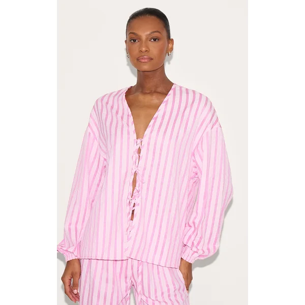 Pink Striped Textured Tie Front Shirt