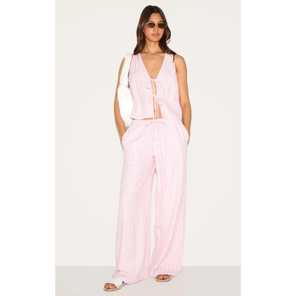Pink Striped Tie Waist Straight Leg Pant