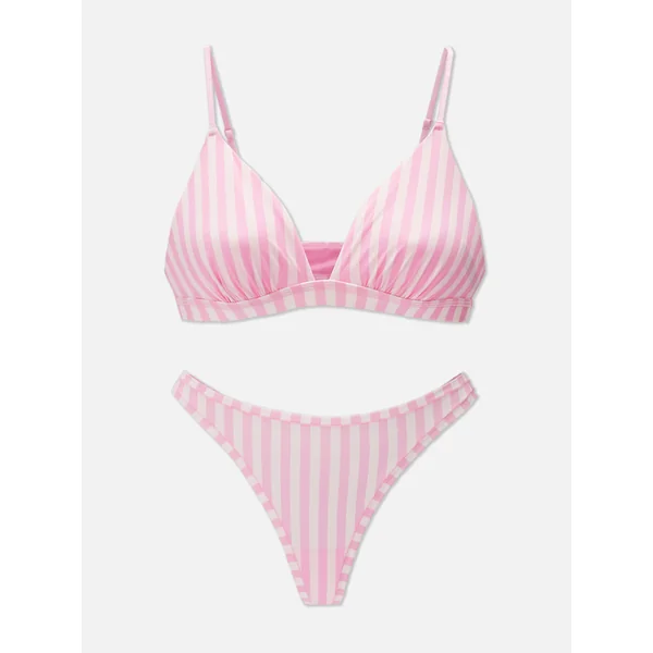 Pink Striped Triangle Bra and Thong Set - Pink