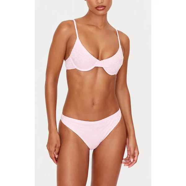 Pink Textured Floral High Leg Bikini Bottoms