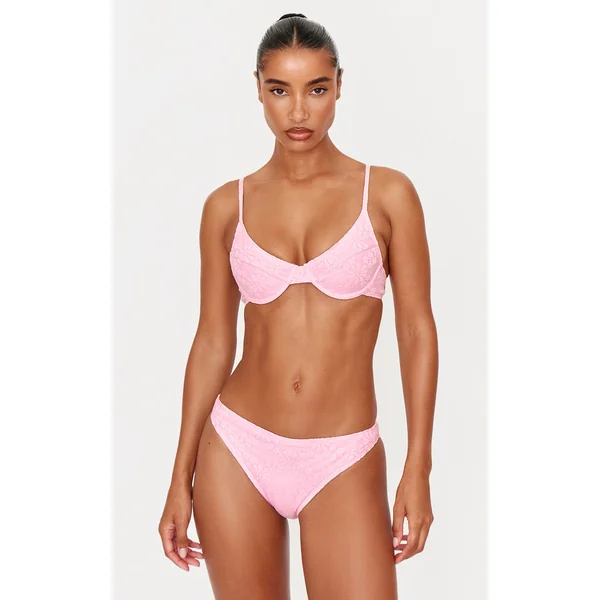 Pink Textured Floral Underwired Bikini Top