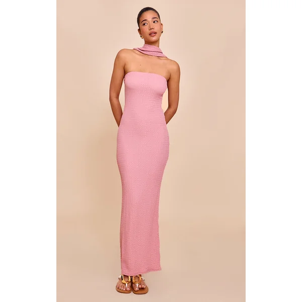 Pink Textured Scarf Detail Bodycon Dress
