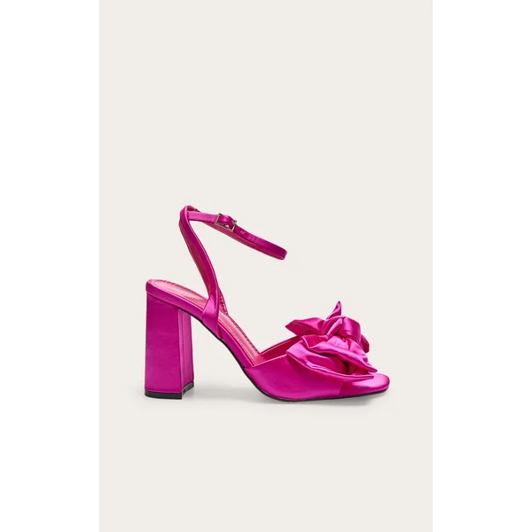 Pink Wide Fit Satin Round Toe Bow Block Heeled Sandals