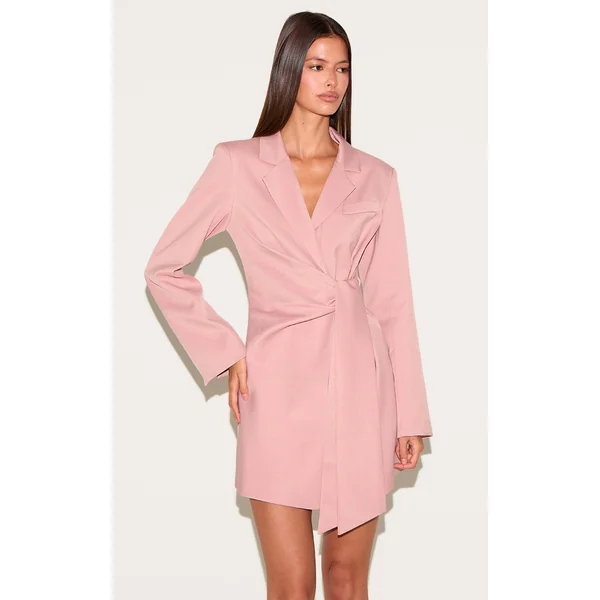 Pink Woven Blazer Side Tie Mini Dress