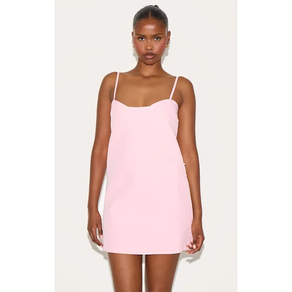 Pink Woven Side Button Detail Mini A-line Dress