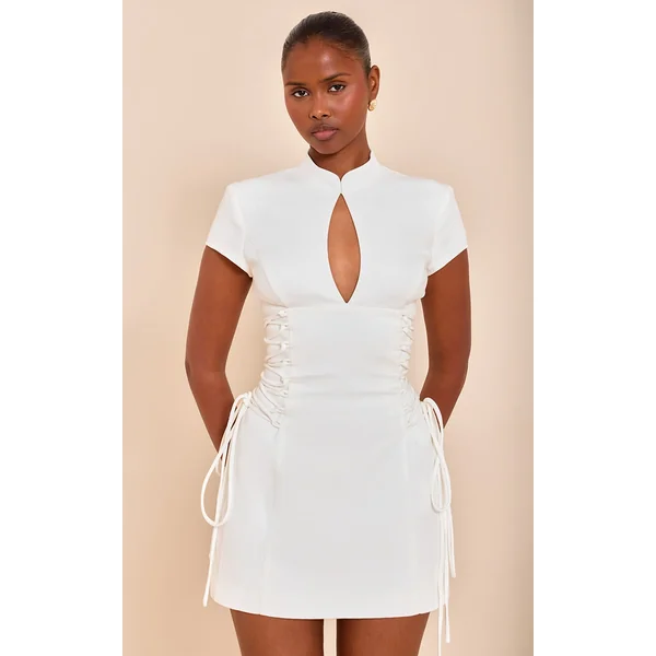 PLT Label Almond Tailored Band Collar Lace Up A-line Dress