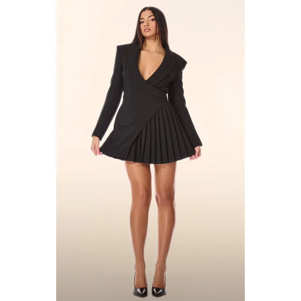 PLT Label Black Asymmetric Pleated Blazer Dress