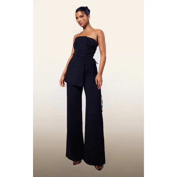 PLT Label Black Overlay Panel Lace Up Tailored Jumpsuit
