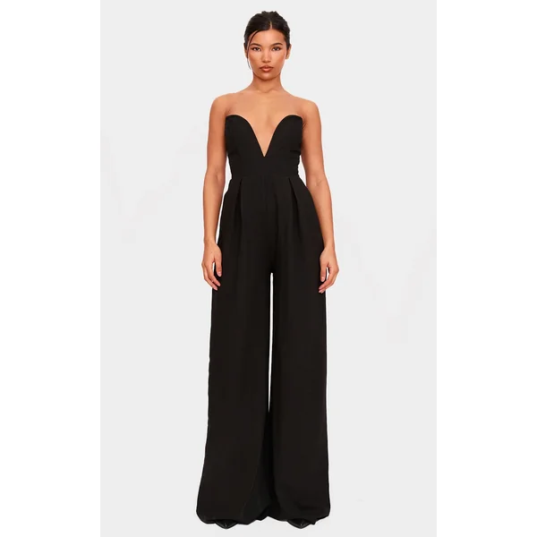 PLT Label Black Plunge Wide Leg Jumpsuit