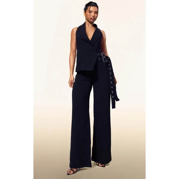PLT Label Black Tailored Vest Belt Detail Jumpsuit