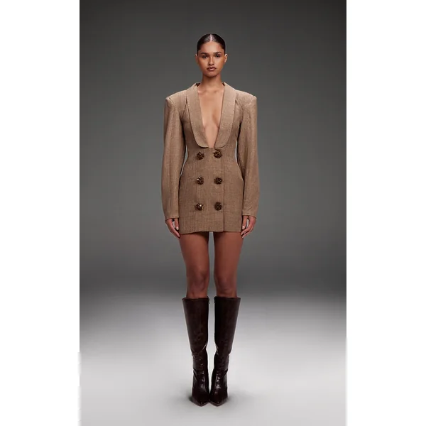 PLT Label Brown Textured Button Plunge Blazer Dress