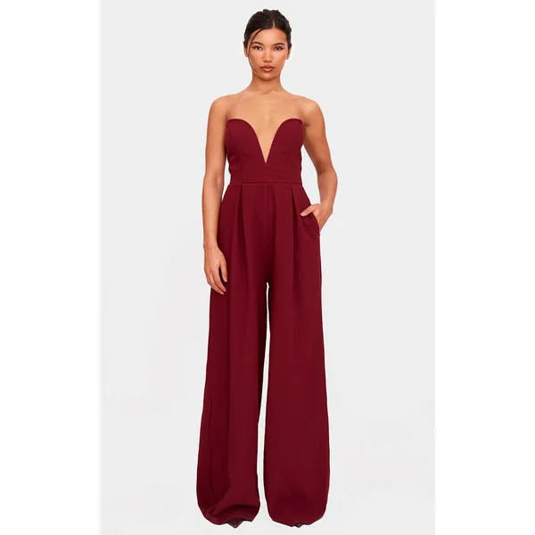 PLT Label Burgundy Plunge Wide Leg Jumpsuit