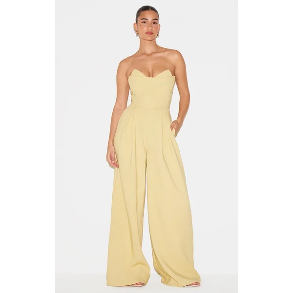 PLT Label Chartreuse Corset Bust Detail Wide Leg Tailored Jumpsuit