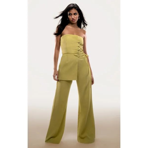 PLT Label Chartreuse Overlay Panel Lace Up Tailored Jumpsuit