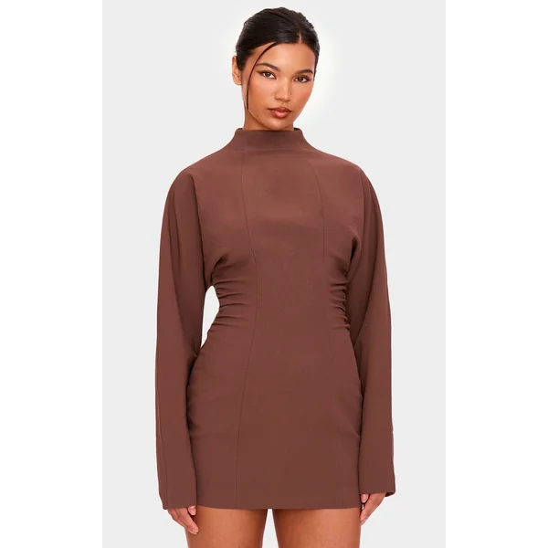 PLT Label Chocolate Batwing Sleeved Pleated Bodycon Dress