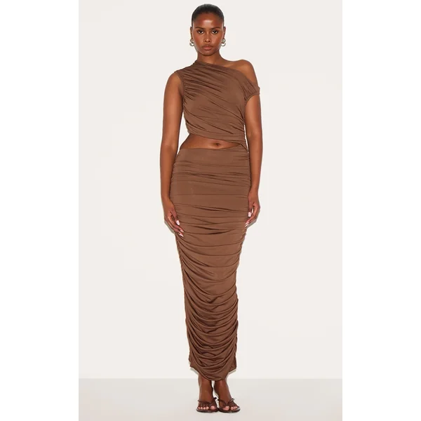 PLT Label Chocolate One Shoulder Ruched Cut Out Maxi Dress