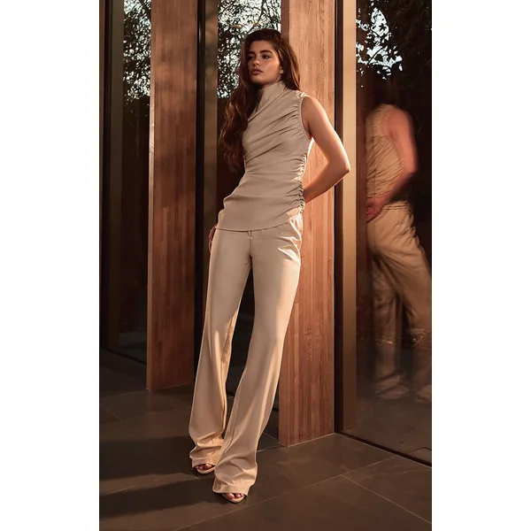 PLT Label Cream Tailored Straight Leg Pants