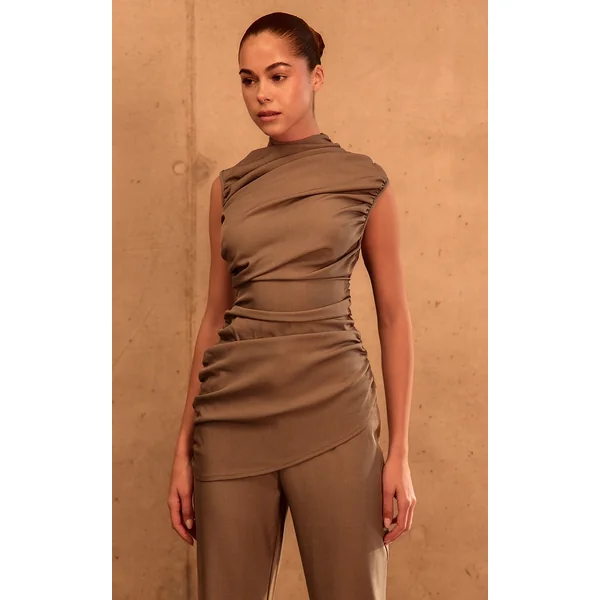 PLT Label Dark Taupe Tailored Extreme Ruched Asymmetric Top