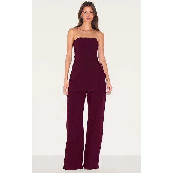 PLT Label Deep Burgundy Overlay Panel Lace Up Tailored Jumpsuit